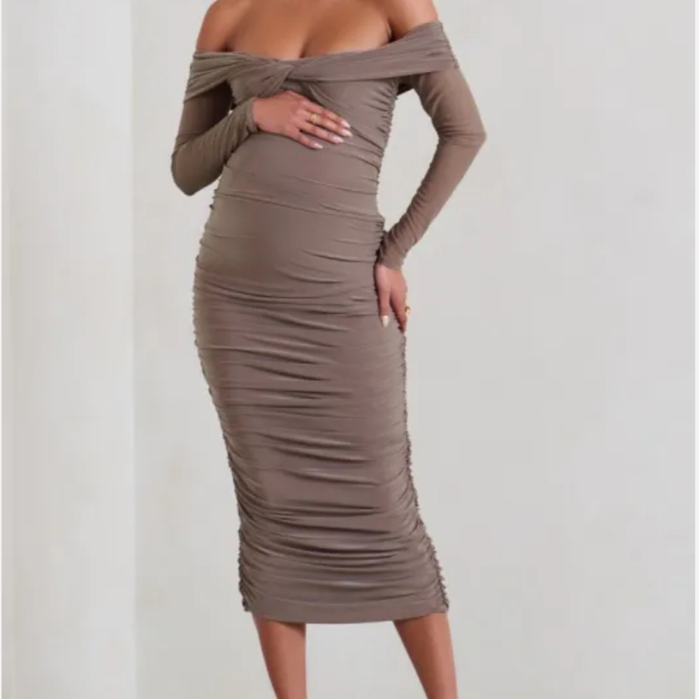 Club L London Off-Shoulder Ruched Jumpsuit in Taupe